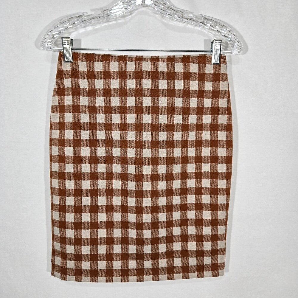 ACADEMIA - SIREN Brown & Beige Checkered Ponte Knit Pencil Mini Skirt PETITE XSP